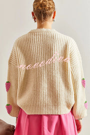 Stylish and Sweet V-neck Strawberry Embellished Knitted Cardigan