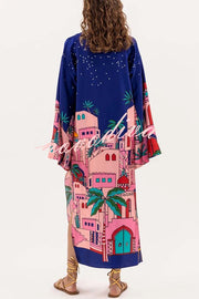 Seaside Stroll Satin Unique Print Button Up Long Sleeve Slit Kaftan Midi Dress