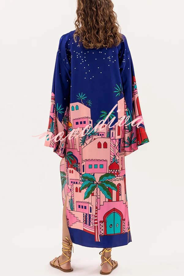 Seaside Stroll Satin Unique Print Button Up Long Sleeve Slit Kaftan Midi Dress