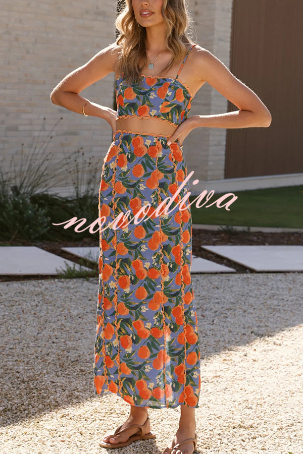 Linen Blend Summer Fruit Print Camisole Top and Elegant Lace Back Slit Maxi Skirt Set