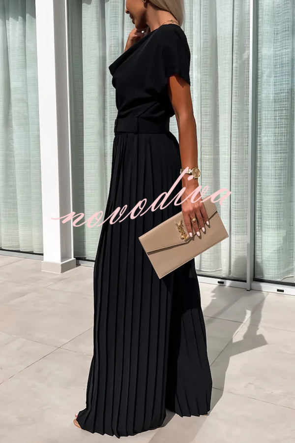 Ivy Cowl Neck Short Sleeve Belt Pleated Loose Wide Leg Jumpsuit