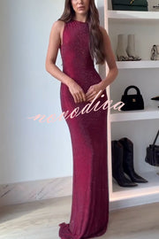 Holiday Nights Sequin Boat Neck Sleeveless Slit Maxi Dress