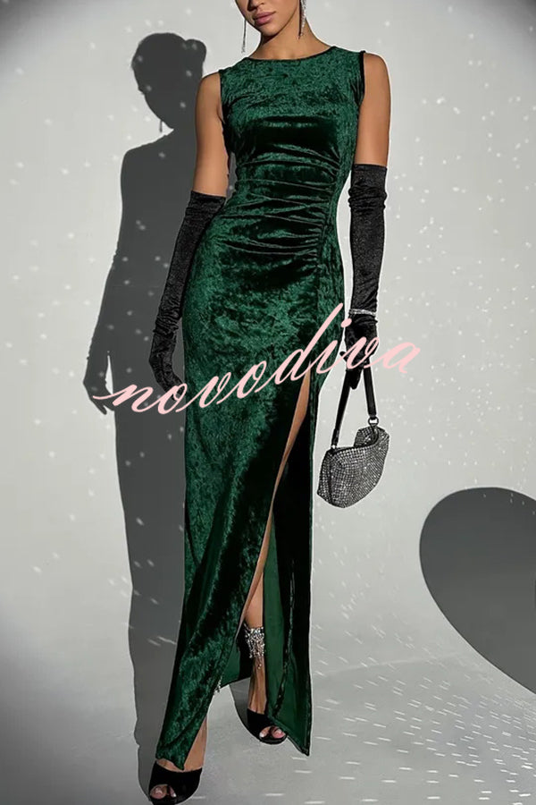 Solid Color Velvet Round Neck Sleeveless Slim Slit Maxi Dress