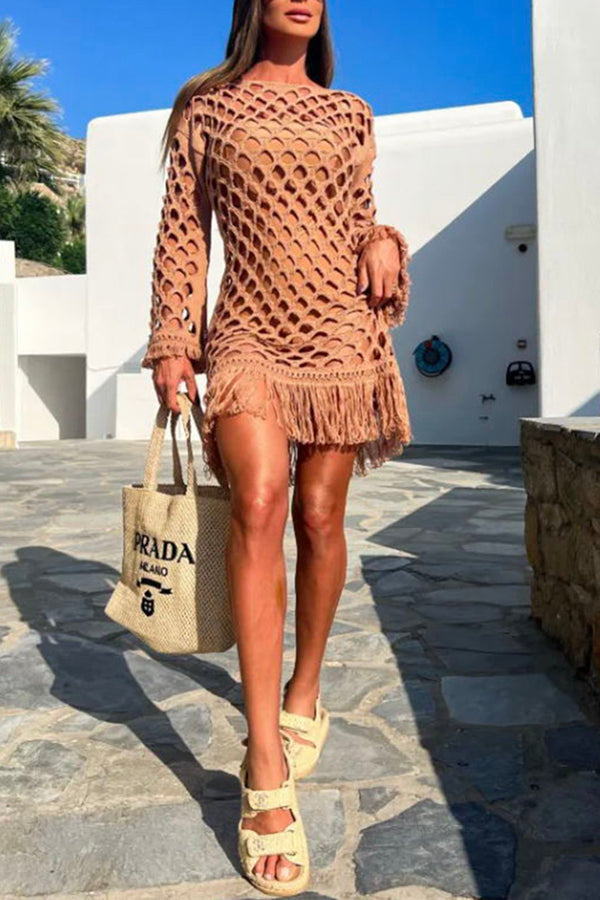 Beautiful Long Sleeved Pullover Fringed Mesh Cover Up