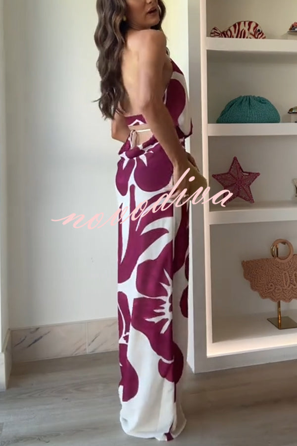 Leslie Flower Print Halter Cutout Cowl Neck Backless Maxi Dress