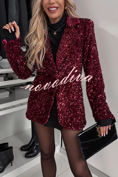 Sparkle Night Velvet Sequin Button Up Long Sleeve Lapel Blazer