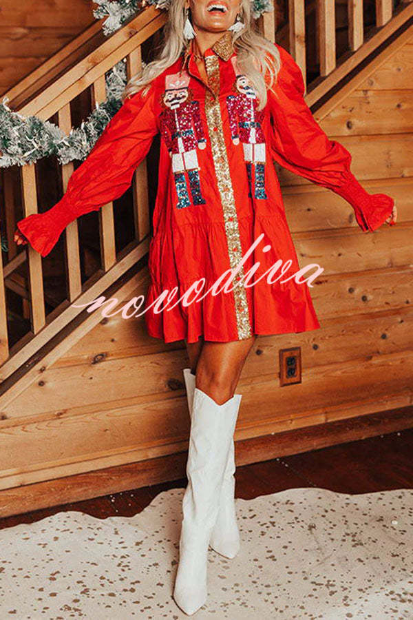 Nutcracker Sequined Button Down Long Sleeve Mini Dress