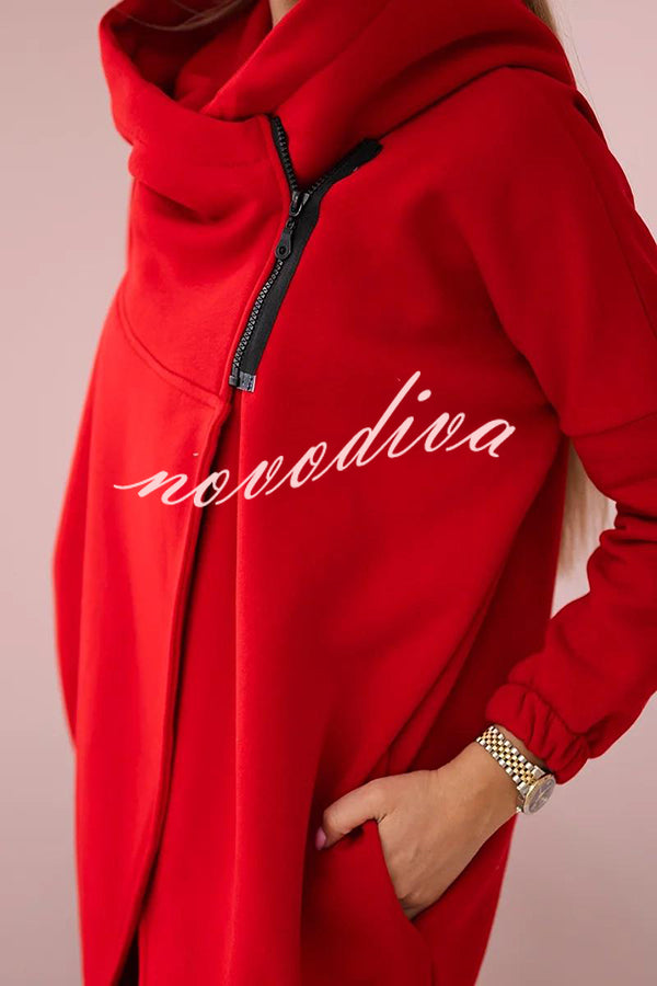 Solid Color Loose Hooded Zip-up Casual Sports Jacket