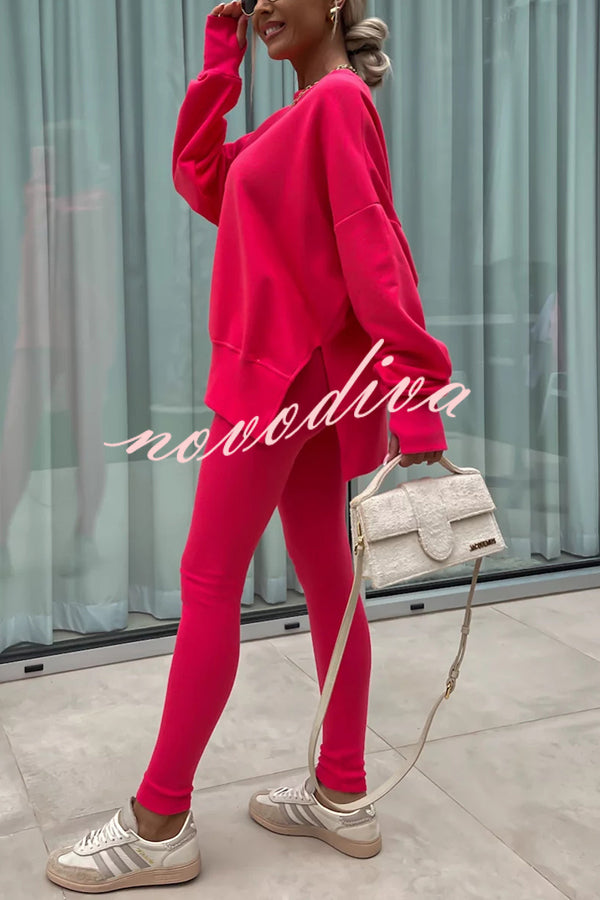 Solid Color Loose Long Sleeve SlitSweatshirt and Elastic Waist Tight Pants Set