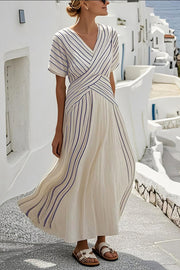 Striped Print V-Neck Short Sleeve Holiday Style Maxi Dress