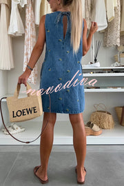 Floral Print Round Neck Sleeveless Loose Denim Mini Dress