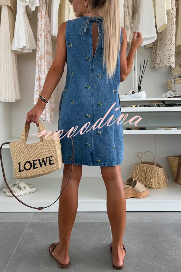 Floral Print Round Neck Sleeveless Loose Denim Mini Dress