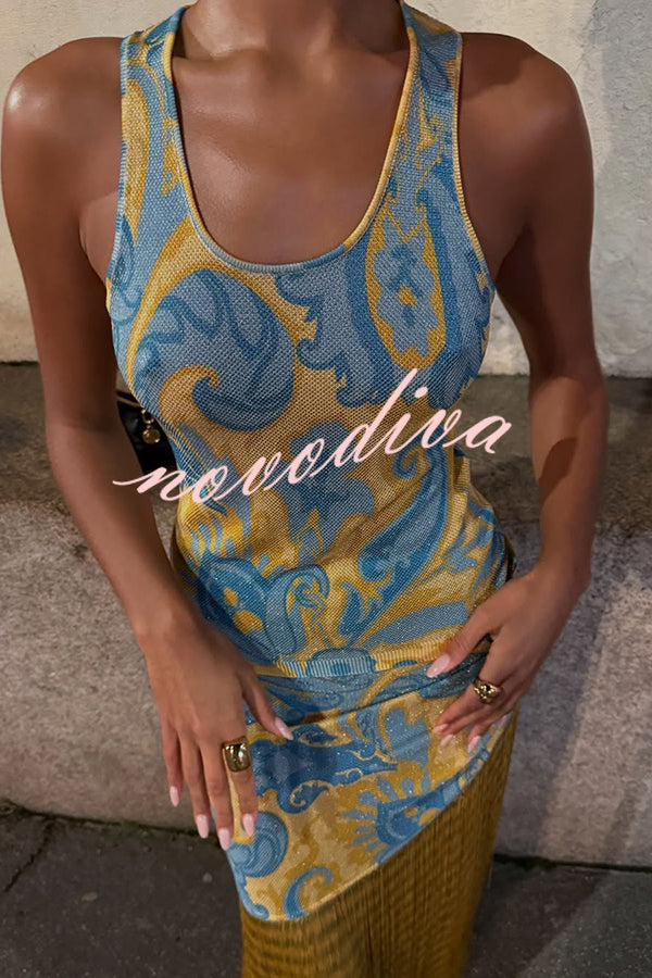 Unique Print Sleeveless Fitted Fringed Hem Maxi Dress