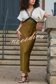 Fashionable Contrast Color V-neck Lace Stitching Maxi Dress
