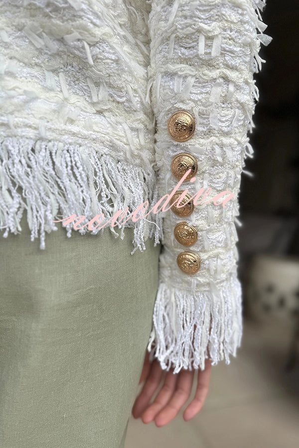 Solid Color Metal Button Long Sleeve Elegant Tassel Top