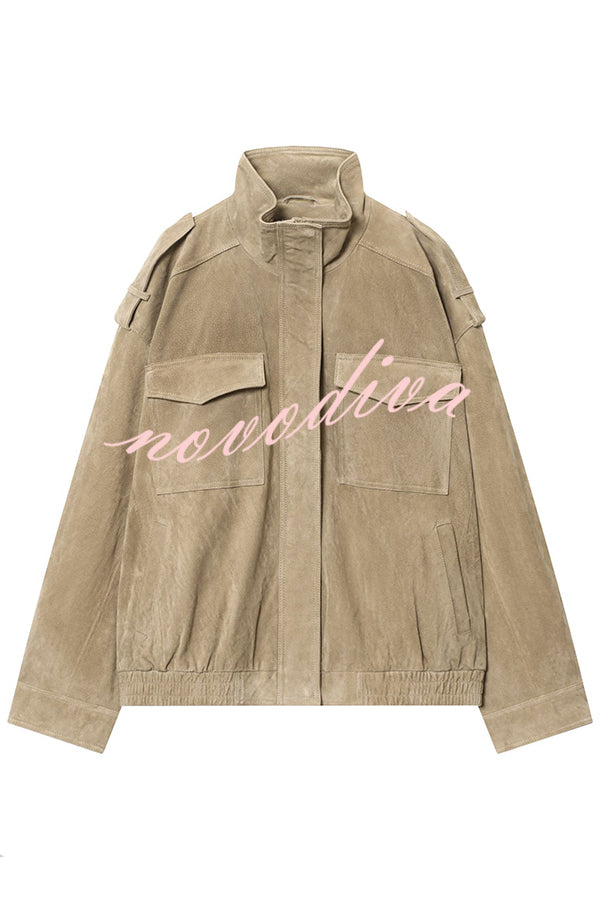 Fashionable Suede Loose Pocket Leather Jacket