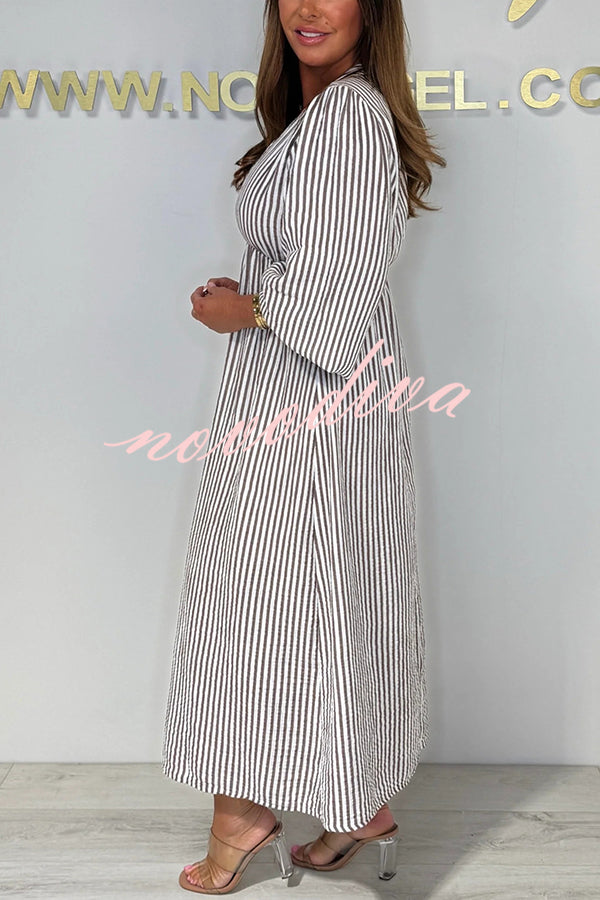 Striped Print V-Neck Long Sleeve Casual Loose Maxi Dress