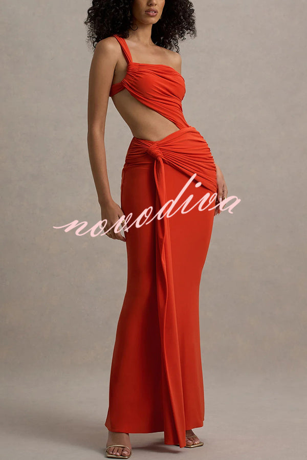 Sexy One-shoulder Backless Ribbon Pleated Slim Maxi Dress
