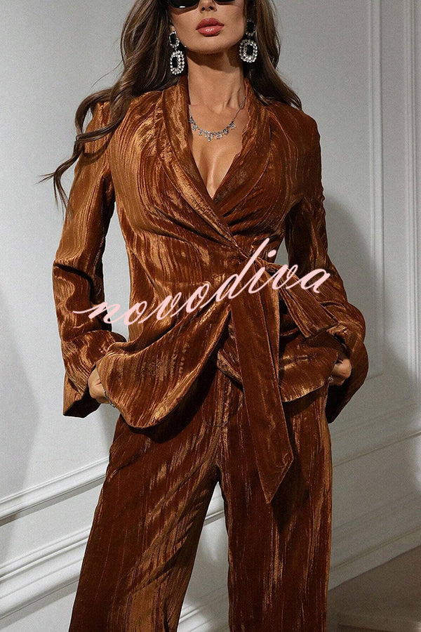 Solid Color Velvet Pleated Long-sleeved Tie Top and Casual Pocket Straight-leg Pants Set