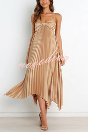 Solid Color Sexy Suspender Pleated Irregular Midi Dress