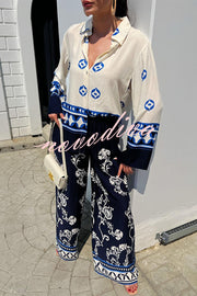 Unique Printed Lapel Long-sleeved Loose Top and Elastic Waist Casual Wide-leg Pants Set