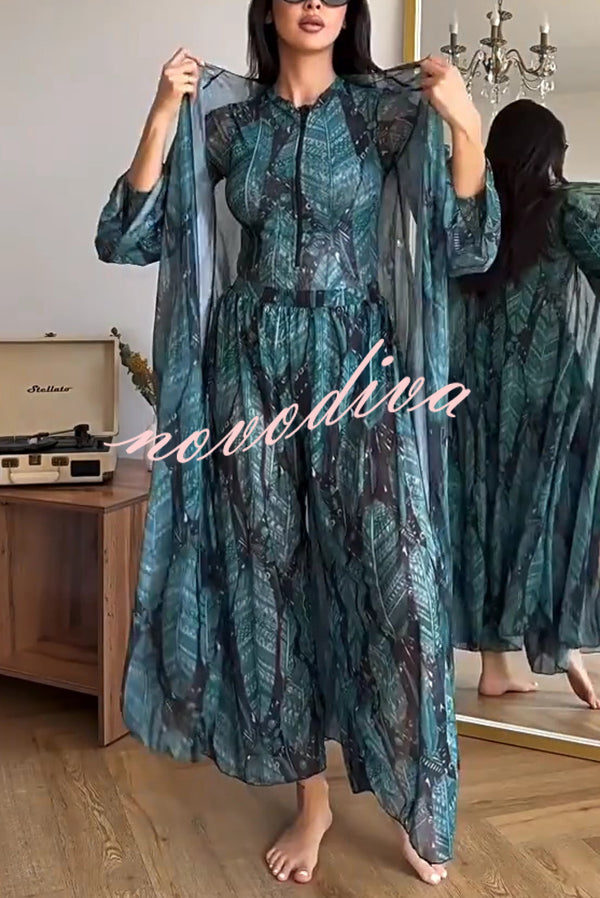 Unique Print One-piece Swimsuit and Cardigan and High Rise Pants Three-piece Set