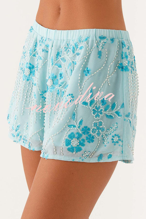 Dazzling Sequin Beaded Material Low Rise Elastic Waist Loose Shorts