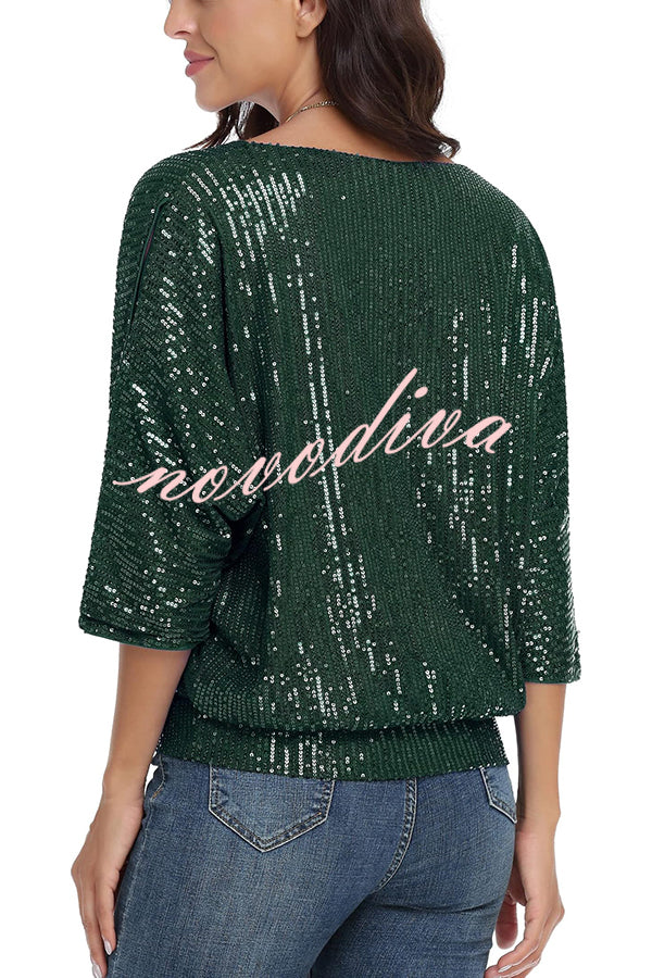 Solid Color Sequined Loose Round Neck Casual Top