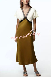 Fashionable Contrast Color V-neck Lace Stitching Maxi Dress