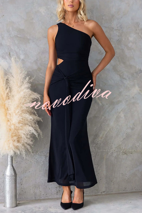 Solid Color Elegant Mesh One Shoulder Sexy Waist Hollow Out Maxi Dress