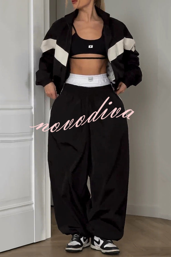 Fashionable Contrasting Long-sleeved Loose Coat and Elastic Waist Wide-leg Pants Set