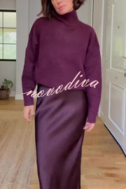 Jaelyn Solid Color Turtleneck Long Sleeve Sweater and Satin Elastic Waist Maxi Skirt Set