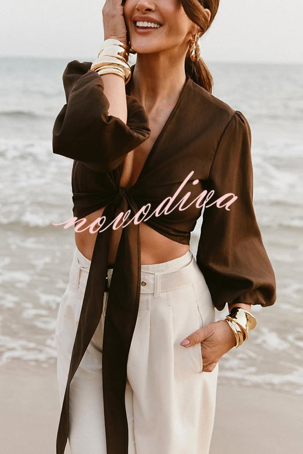 Lets Go Out Linen Blend Balloon Sleeve Wrap Tie-up Loose Top