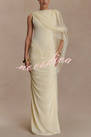 Fashionable Mesh Shawl Sleeveless Slim Fit Pleated Maxi Dress