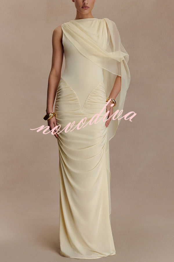 Fashionable Mesh Shawl Sleeveless Slim Fit Pleated Maxi Dress