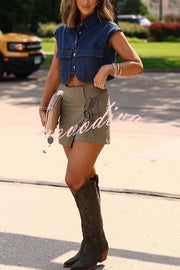 Stylish Weekend Denim Button Up Cape Sleeve Pocket Crop Top