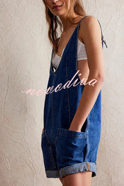 Stylish Loose Sleeveless Pocket Straps Adjustable Denim Rompers