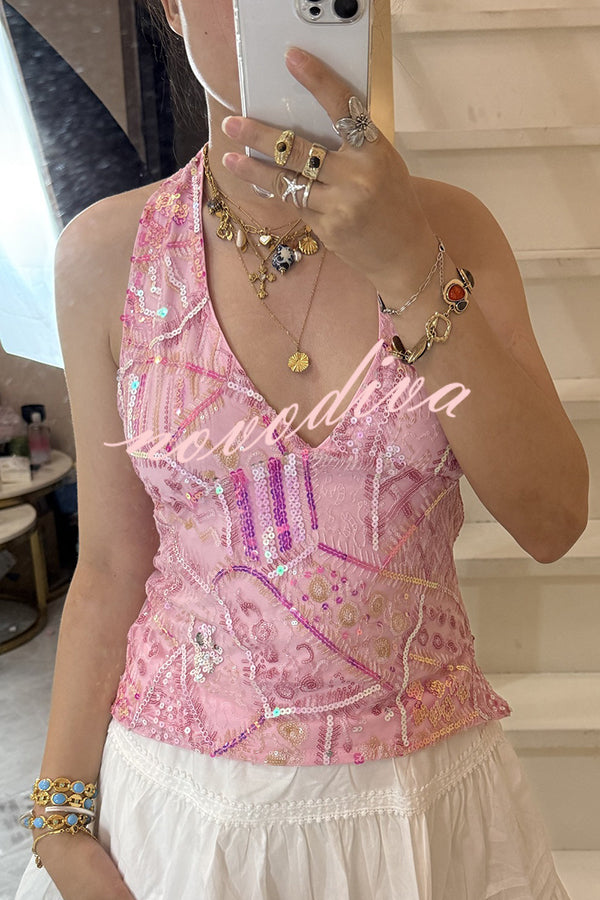 Fashion Sequined Casual V-neck Backless Slim Vest