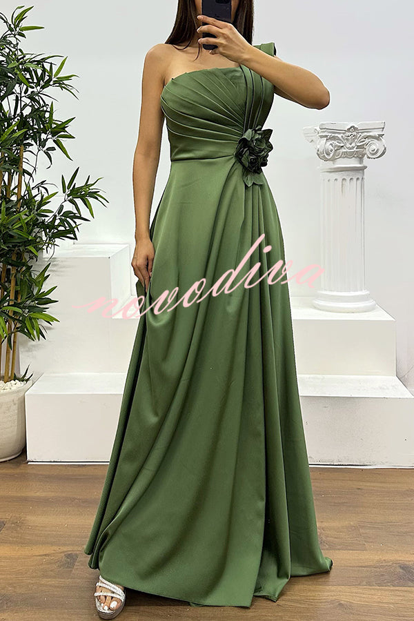 Nasha Satin Pleated One Shoulder Petal Gemstone Detail Pocket Slit Maxi Dress
