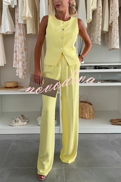 Workplace Chic Sleeveless Button Vest and Relaxed Pocket Wide Leg Pants Set