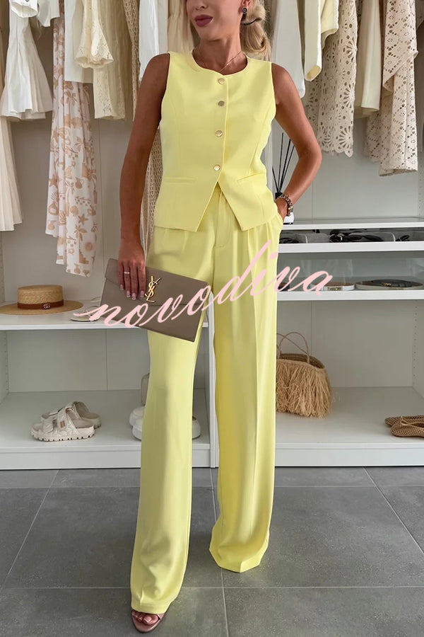 Workplace Chic Sleeveless Button Vest and Relaxed Pocket Wide Leg Pants Set