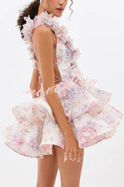 Floral Print V-neck Halter Back Tie Double Layer Mini Dress
