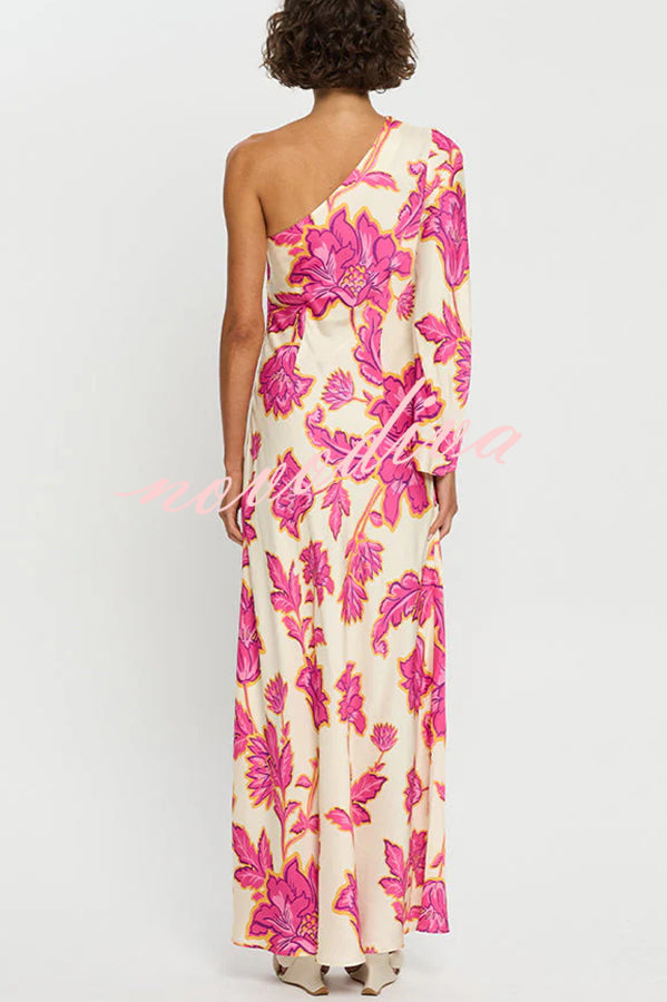 Rhia Satin Floral Print One Shoulder Flared Maxi Dress