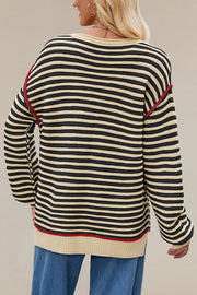 Striped Knit Loose-fitting Crew Neck Long-sleeved Casual Sweater
