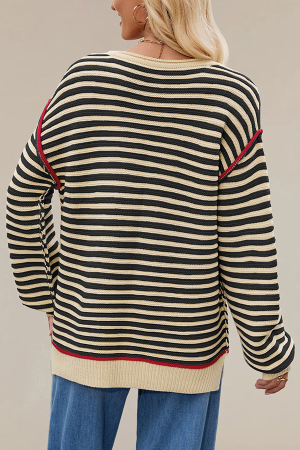 Striped Knit Loose-fitting Crew Neck Long-sleeved Casual Sweater