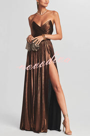 Goddess Temperament Metallic Pleated Fabric Off Shoulder Slit Maxi Dress