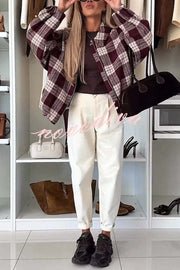 Fashion Plaid Print Lapel Long Sleeve Loose Zipper Jacket