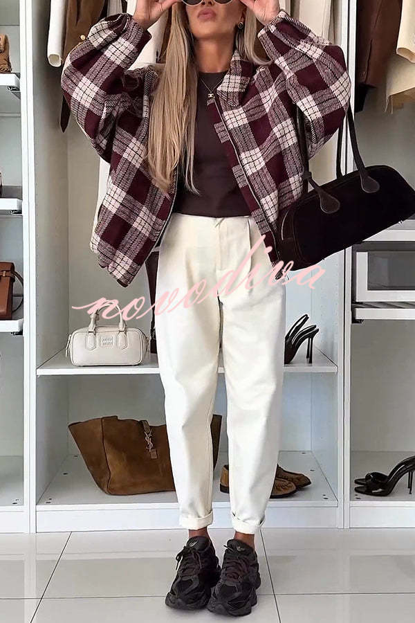 Fashion Plaid Print Lapel Long Sleeve Loose Zipper Jacket