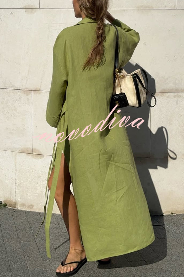 Linen Blend Solid Color Casual Lapel Tie Loose Maxi Dress