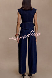 Charley Denim Button Up Cap Short Sleeve Structured Tie-up Lapel Top